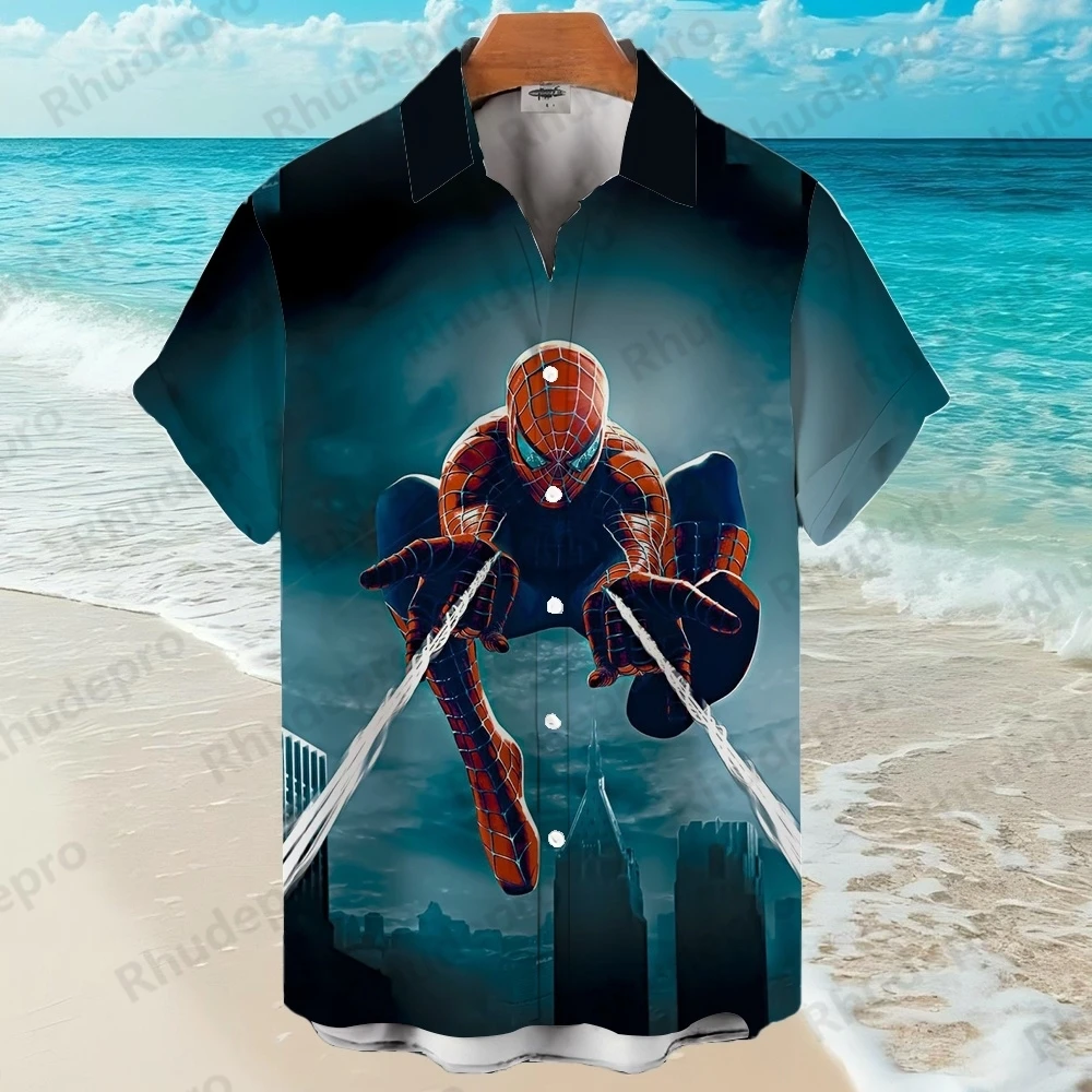 

Disney 2025 Spider-Man Hawaiian Shirt Men's Lapel Short-sleeved Single-breasted Shirt Fashion Casual Trend Superhero Tops Y2K