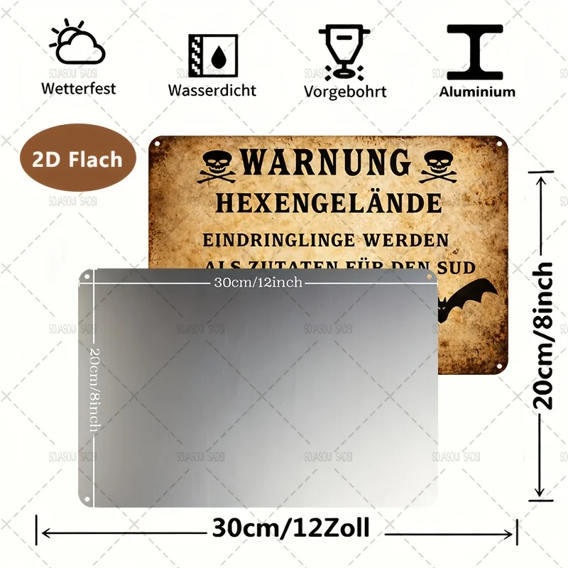2D Flat 1-Piece German Slogan Vintage Aluminum Metal Sign [Witch's Land/Warning/Invader/Pot/Bat] - Home Art Tin Sign - 8X 12inch , Suitable for Creating a Halloween Atmosphere, Mysterious Style Home Space Decoration, Also Ideal as a Gift for Collectors Who Appreciate Dark Retro Aesthetics, and for Home Decor Enthusiasts, Adding a Unique Artistic Touch to Their Living Room, Studio, Etc