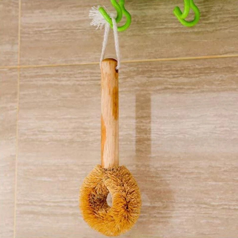 Coconut Palm Brush Pot Brush Glass Decontamination Cleaning Sponge Natural Wooden Handle Bottle Kettle Non-stick Skillet Cleaner