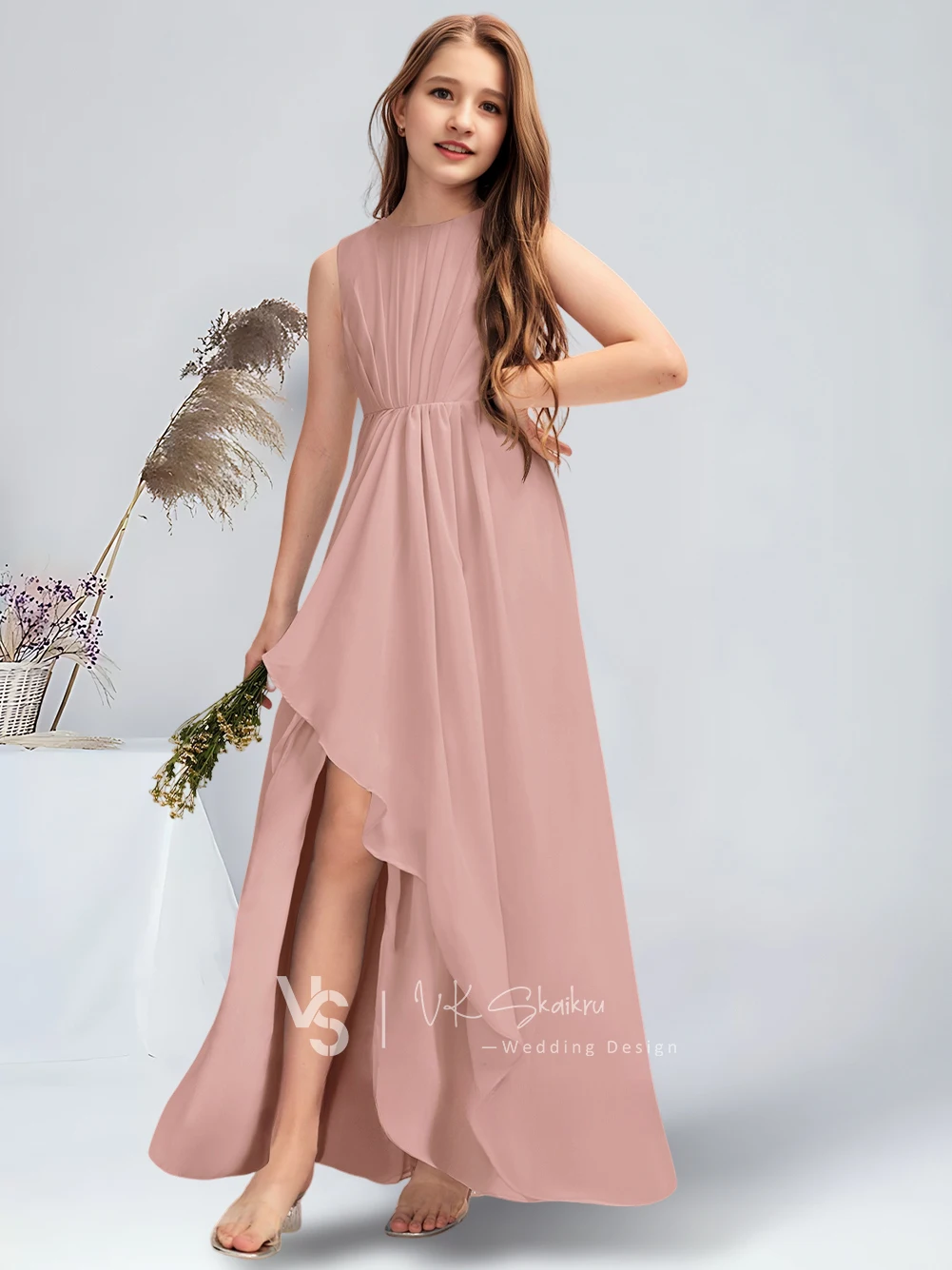 A-line Scoop Floor-Length Chiffon Junior Bridesmaid Dress With Cascading Ruffles Sky Blue Flower Girl Dress for Wedding Teens