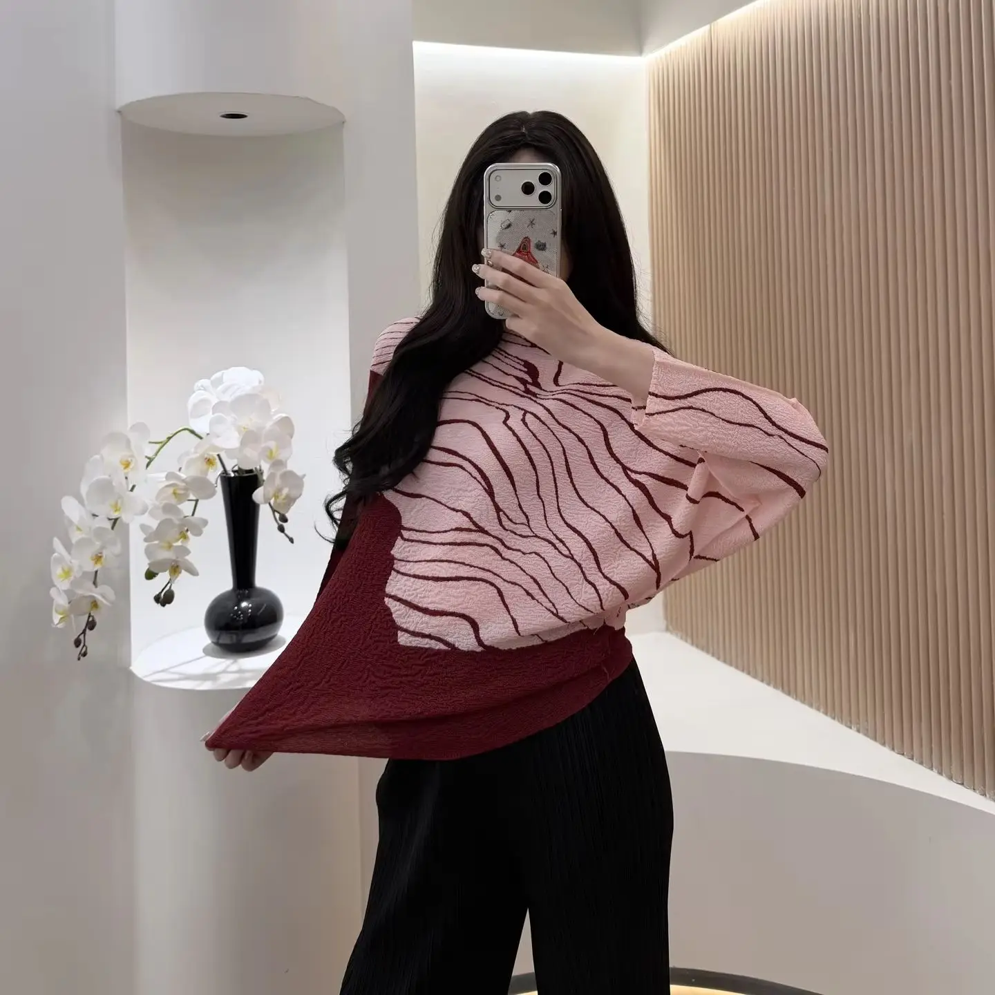 Fold Brown Beige Zebra Print Pleated Top Oversized 3/4 Sleeve Soft Fabric Loose-Fit Casual Daily Wear 2025 Trendy Chic Ensemble