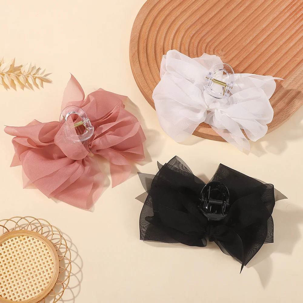 Moda malha tule garra de cabelo com arco grande elegante retro feminino fio líquido rabo de cavalo titular trança acessório de cabelo presentes