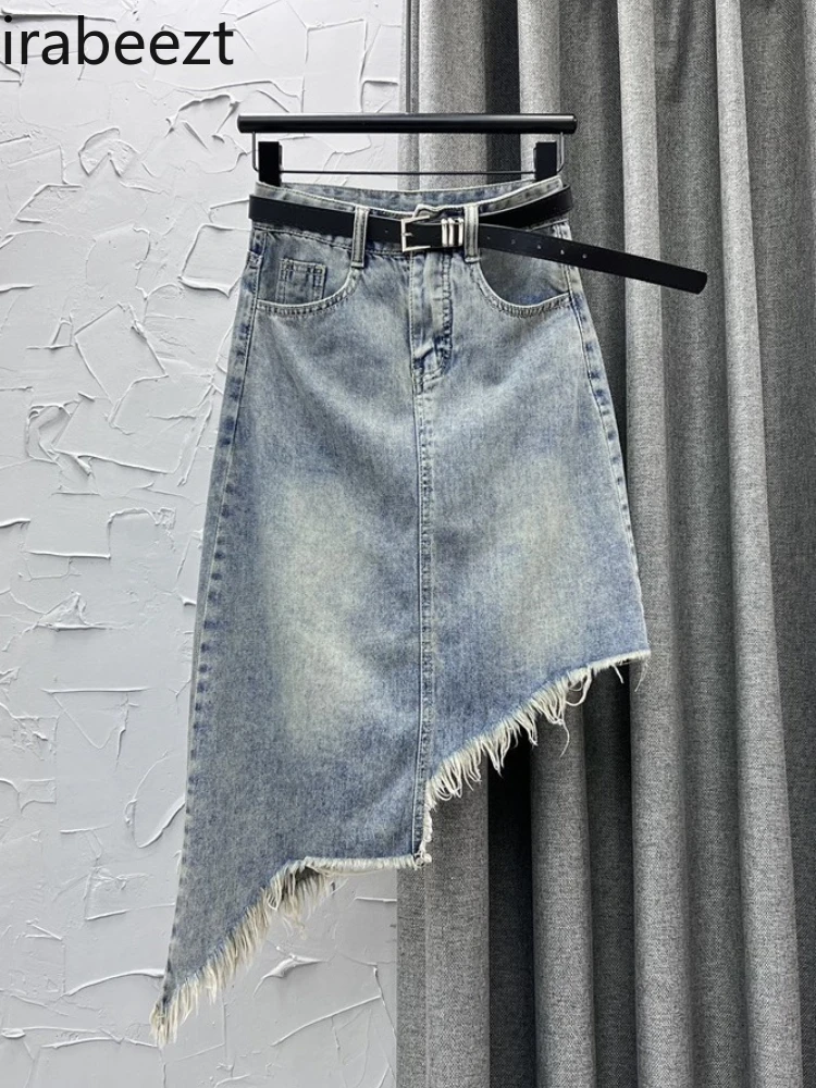 

Women's High Waist Denim A-Line Skirt Summer Vintage Slim Fit Asymmetrical Hem Raw Edge Midi Pencil Skirt Casual Streetwear