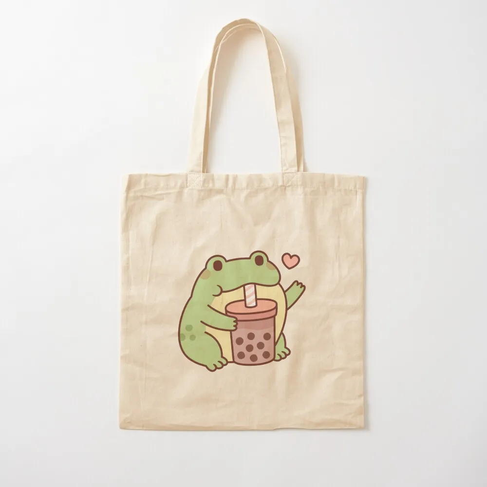 

Cute Frog Loves Drinking Bubble Tea Tote Bag Woman shopper bag hand bags tote bags cloth bags Canvas Tote Bag