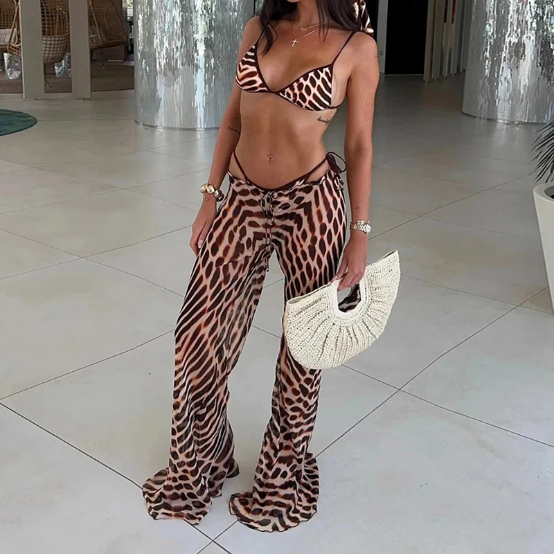Sexy Print Bikini Swimsuit Women Split Triangle Lace Up Micro Bikini Flare Pants 2025 New Pool Party Retro 3 Pieces Bathing Suit