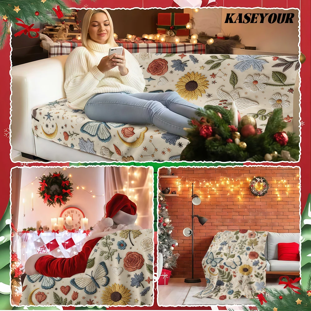 Embroidered Fall Floral Butterfly Moon Flannel Blanket Soft Fuzzy Plush Cozy Warm Throw for Sofa Bed Couch Home Decor