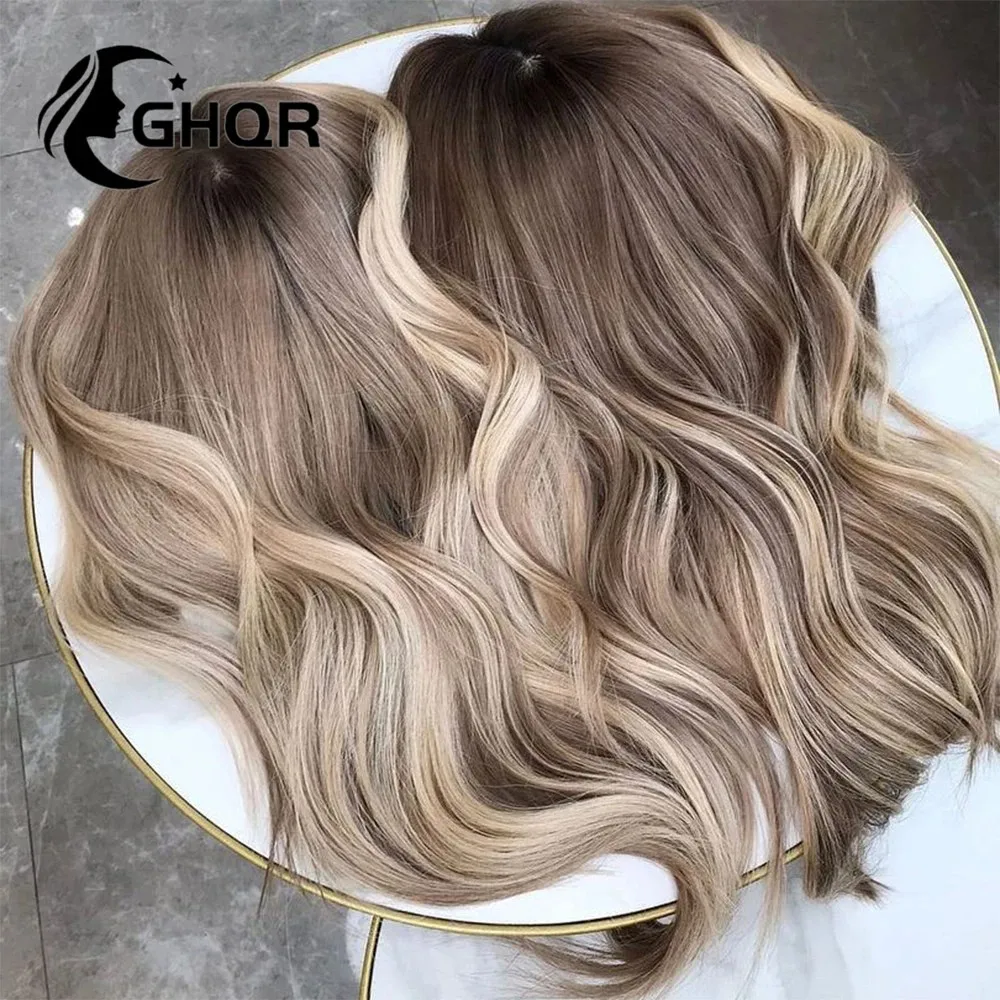 

Ash Blonde Balayage Loose Wave Lace Front Wig Ombre Highlight 360 Full Lace Human Hair Wig