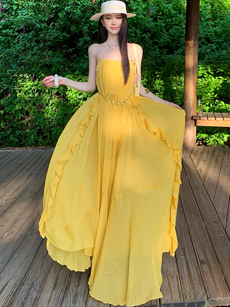 Summer Solid Chiffon Slash Neck Sling Long Dress Women Elegant Ruffled Casual Holiday Dress 2026 Korean Fashion Bodycon Vestidos