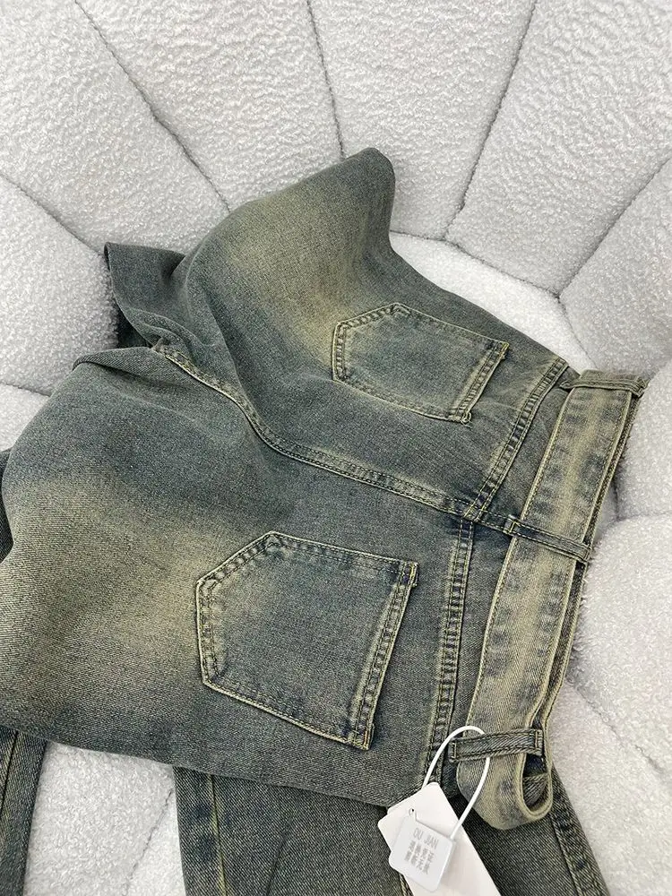 Old Raw Edge High Waist Strappy Wide Leg Style Jeans Women\'S High Street Blue Loose Jeans Wide Leg High Street Straight Pants