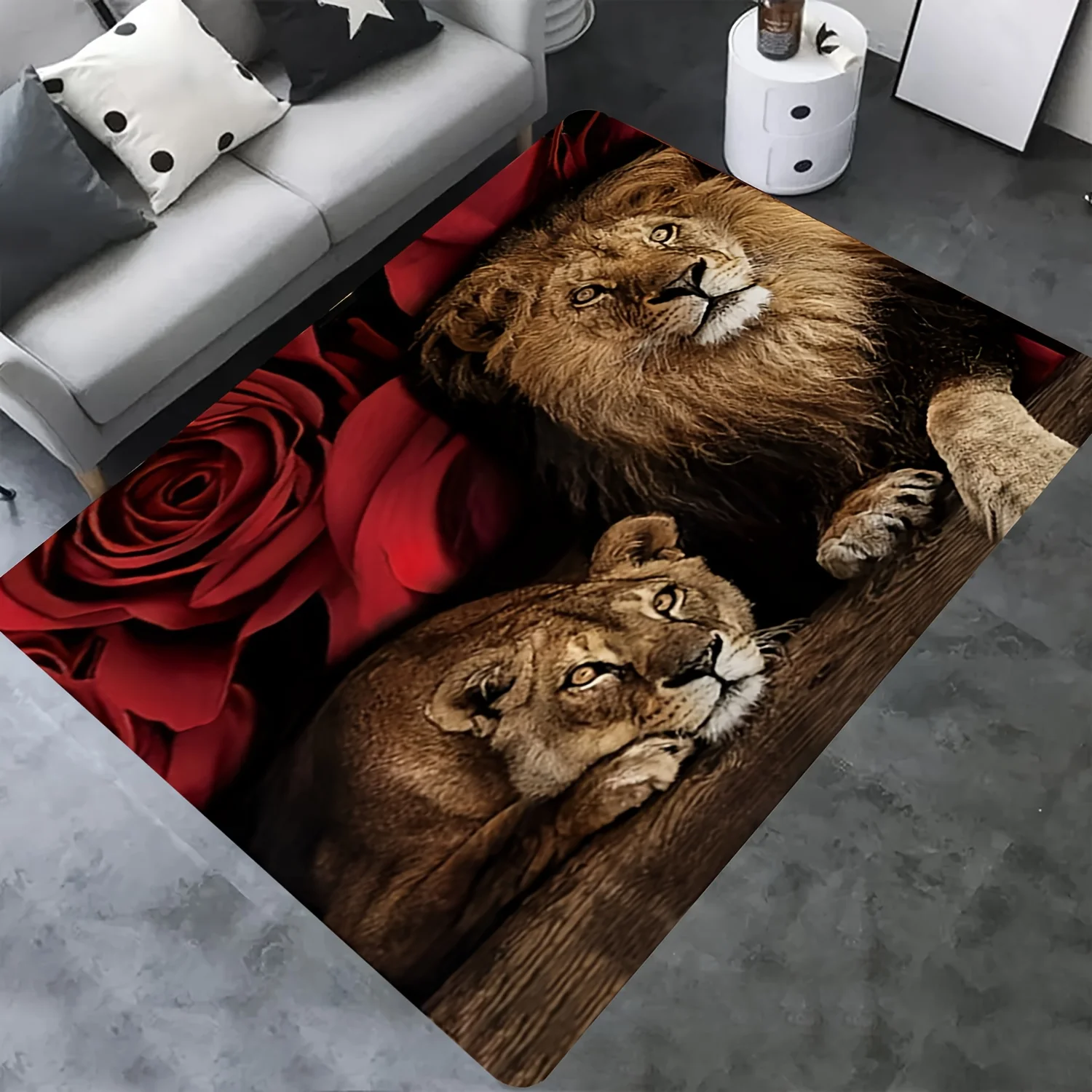 Majestic Lion Couple Door Mat, Red Rose Romantic Print Floor Rug, Wild Animal King Entrance Carpet for Living Room Bedroom Home