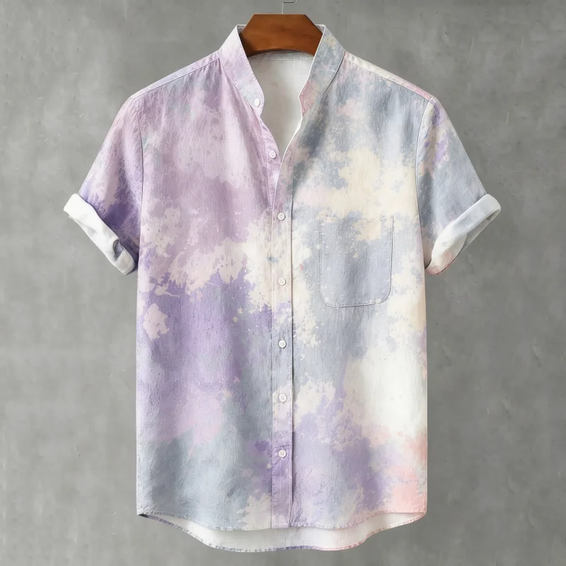 Vintage Rainbow Mottled Art Cat Print Casual Shirt Holiday Stand Collar Single Breast Summer Work Tops All-match Multicolor Tee