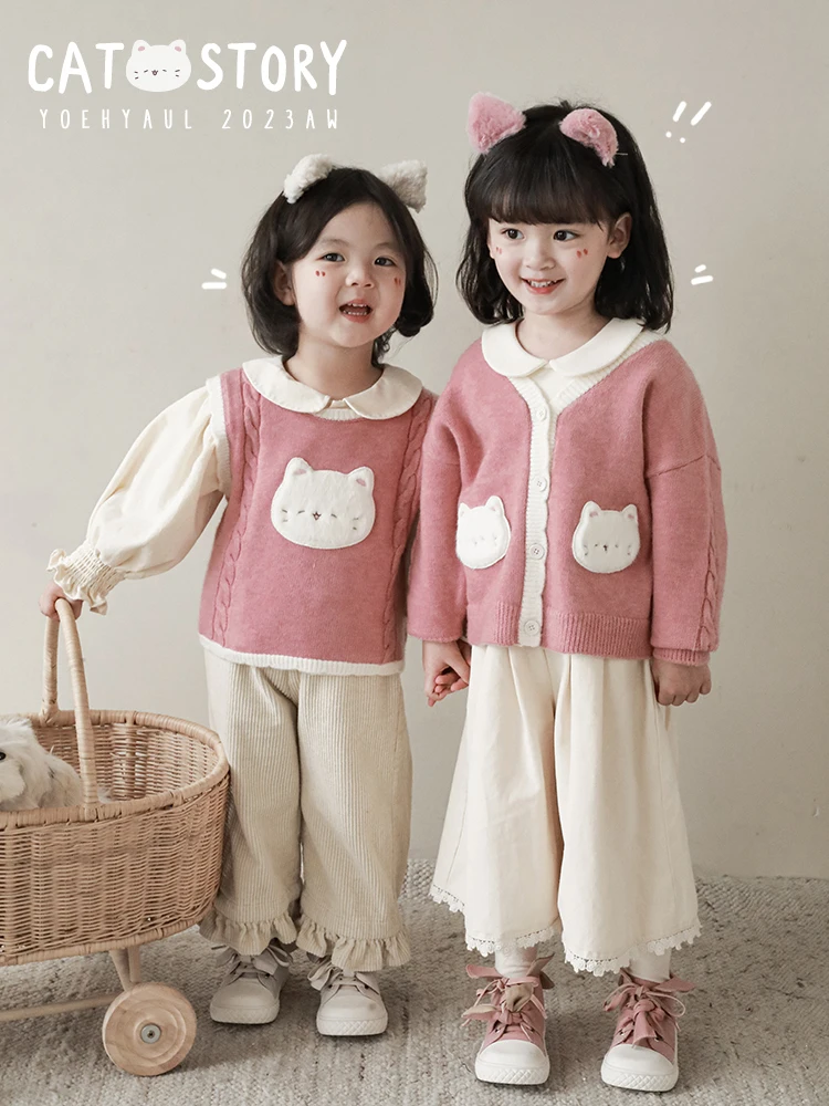 Girls' Cat Set Children's Playful Cute Embroidered Vest Wave Cardigan Knit Coat Trend