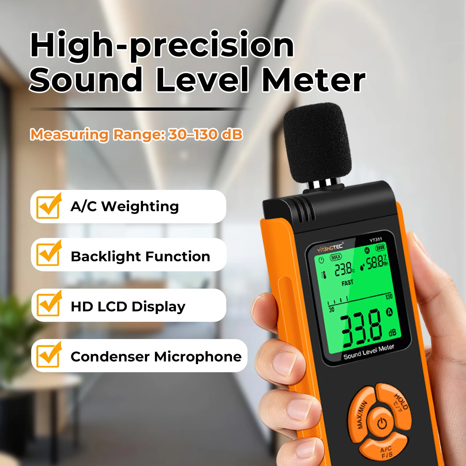 Digital Sound Level Meter 30-130dB – Handheld Noise Tester with A/C Weighting, Data Hold & Backlit LCD for Home, Office, Factory