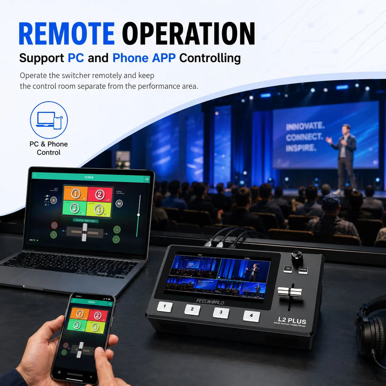 FEELWORLD L2 PLUS Multi-Camera Video Mixer Switcher with 5.5 Inch Touch Screen Chroma Key USB3.0 for Live Streaming Wedding - view 4