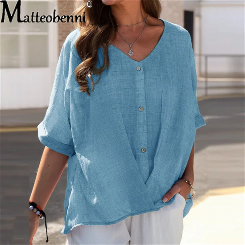 

2022 Casual Half Sleeve Solid Color Loose Shirts Women Oversized Cotton and Linen Blouses and Tops Vintage Streetwear Tunic Tees