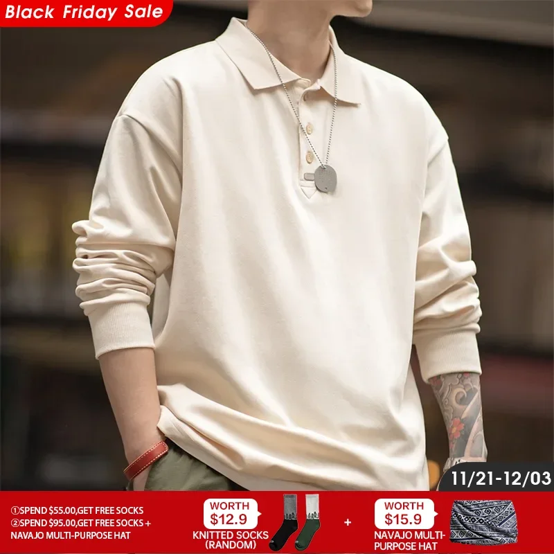 Maden 2024 Spring Vintage Oversize Polo Shirts for Men Business Casual Solid Color Long Sleeve T-shirt Stylish Lapel Plain Tops