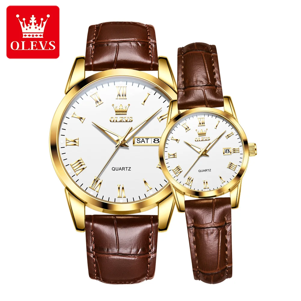 

Часы OLEVS для пар, простые модные кварцевые часы с кожаным ремешком, водонепроницаемые, светящиеся, с указанием дня недели и даты, наручные часы для мужчин и женщин
