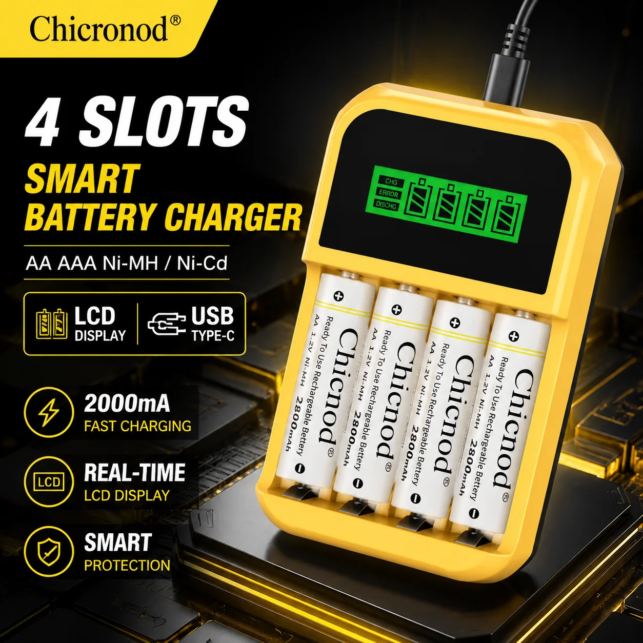 Chicnod LCD016 AA AAA Battery Charger Ni-MH Ni-Cd Rechargeable Battery Charger LCD Display USB Type-C Smart Fast Charger