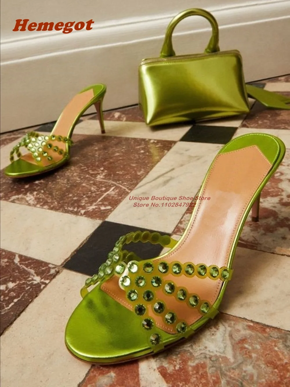 

Green Crystal Cross Slippers Embellished Pvc and Metallic Leather Mules Slip On Summer Luxury Party Shoes Outside Plus Size 43