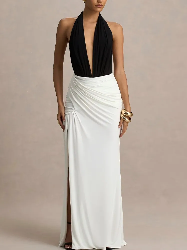 

Dresses For Woman Sexy Vestidos Backless Evening Dress Halterneck Party Robe V-link Contrast Package Hip Slit Temperament Trendy