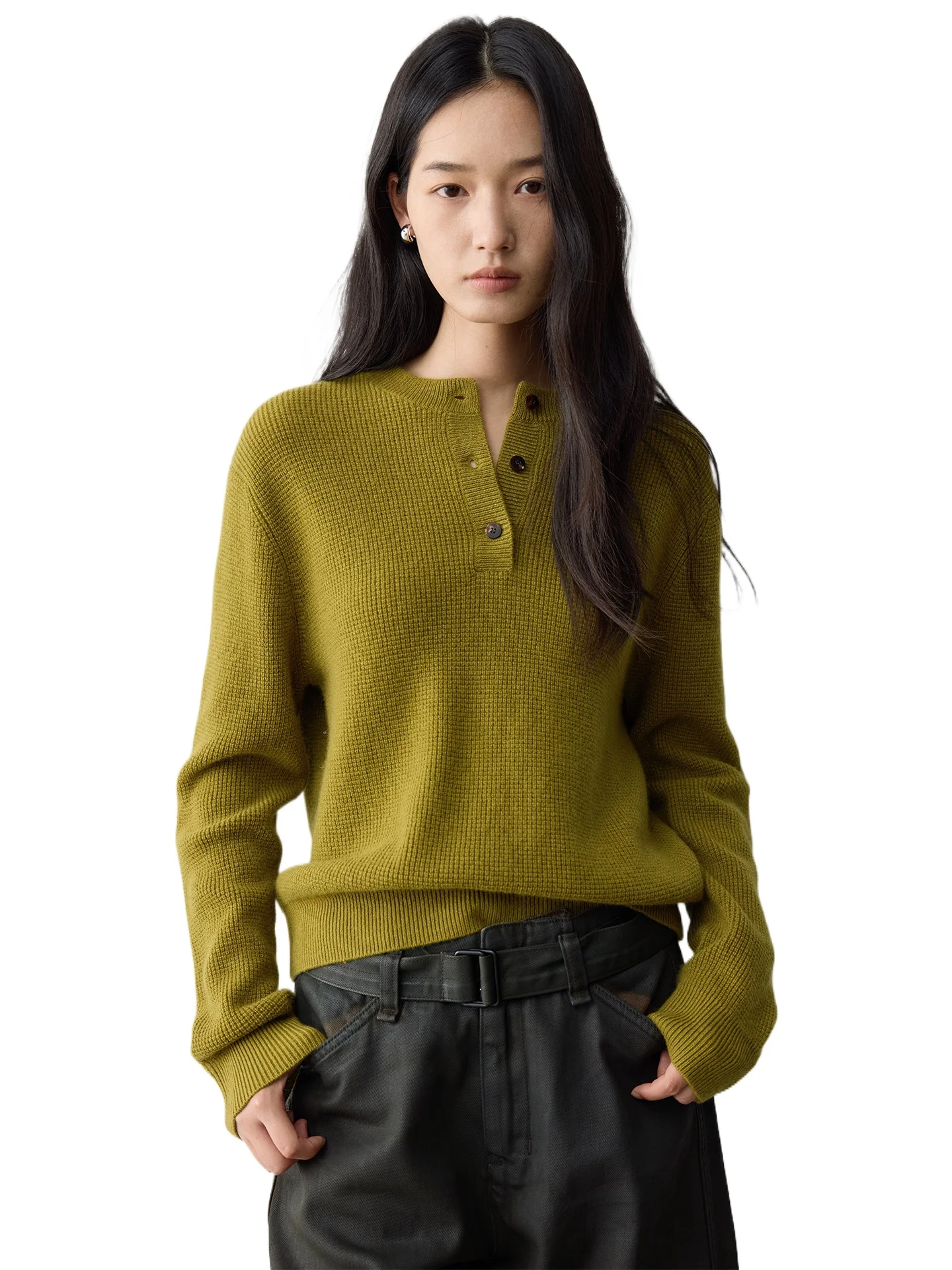 

Intellectuals Vintage _ Consine AU Pure Cashmere Small Waffle Henry Neck Sweater Knitted Women