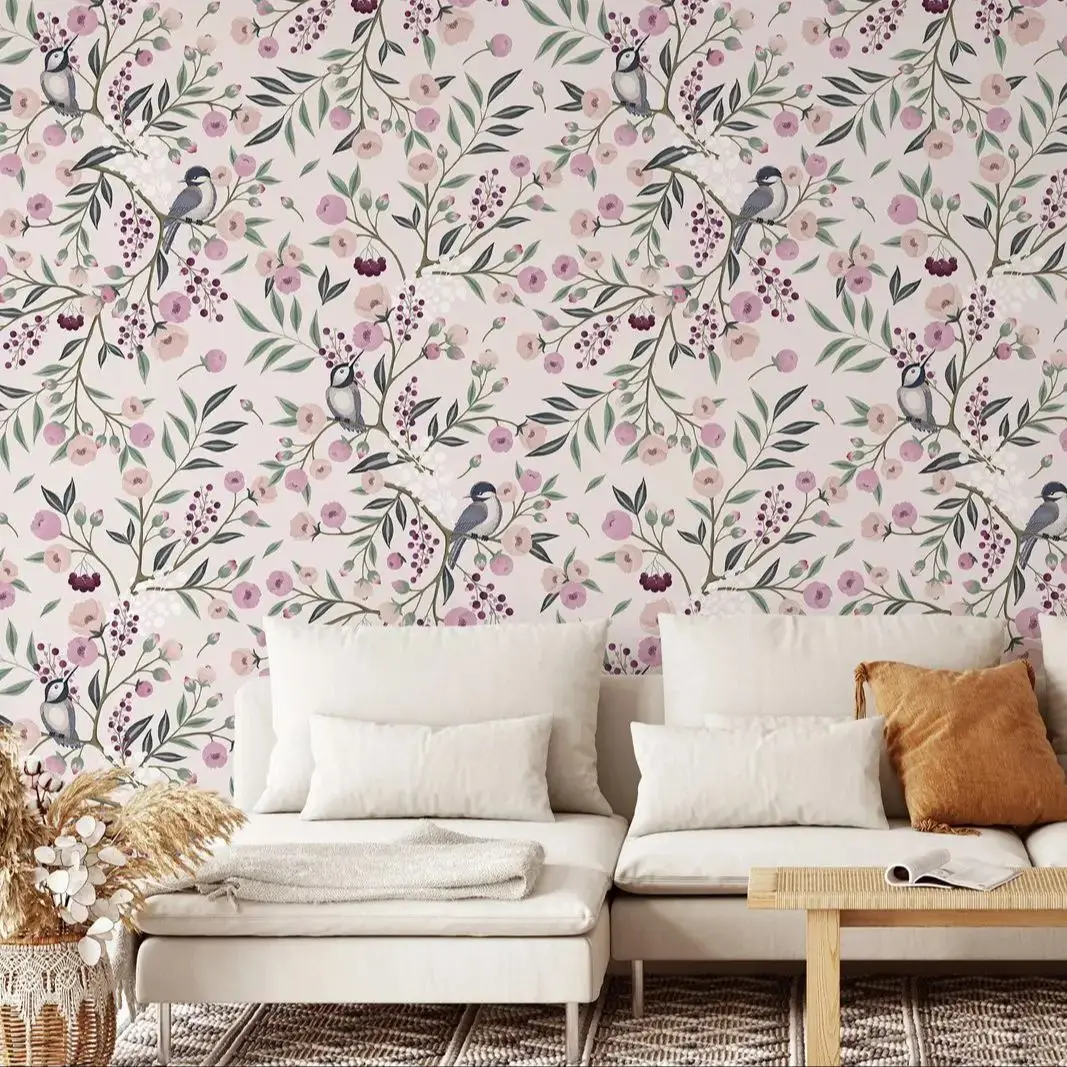 Chinoiserie Pink Peony Floral Wallpaper, Purple Chinoiserie Wallpaper For Wall, Cherry Blossom Peel and Stick Or Tradition Paper