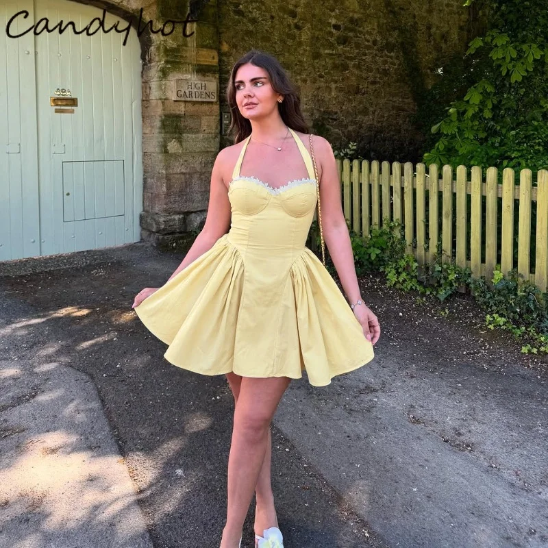 Candyhot Casual Summer Square-Neck Sleeveless Halter Mini Dress Sexy Solid Off Shoulder Slim Dresses Women's Streetwear Vestidos