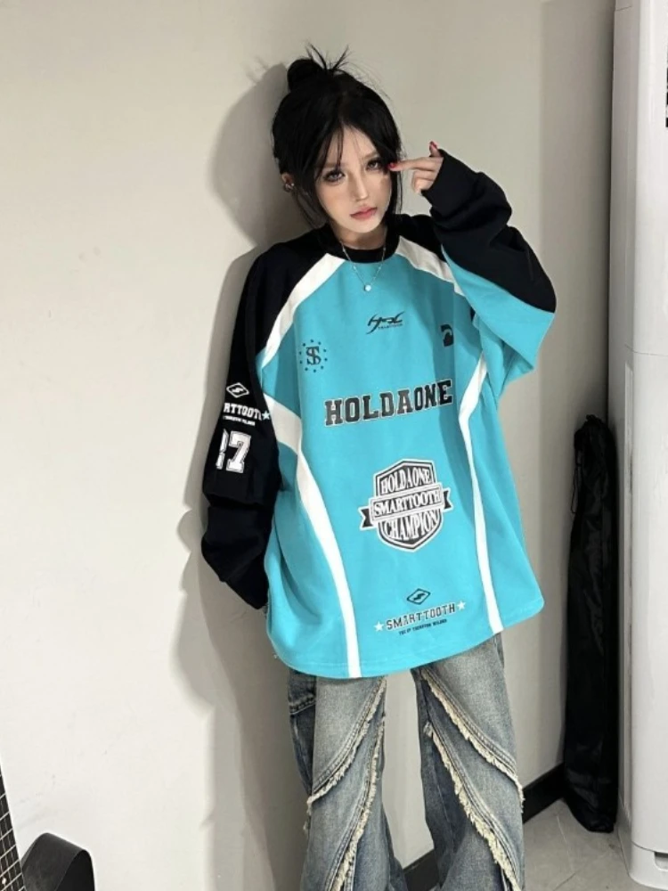 Camicia oversize Hip Hop T-shirt con stampa vintage stile americano T-shirt da uomo a maniche lunghe con vestibilità ampia e grafica traspirante Streetwear