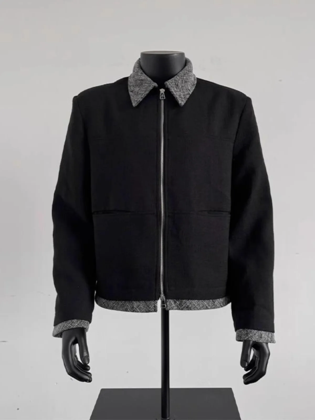 

Cleanfit Short Black Jacket Men's American Retro Stylish High Street Administrative Jacket Premium Feel Stand Collar Top