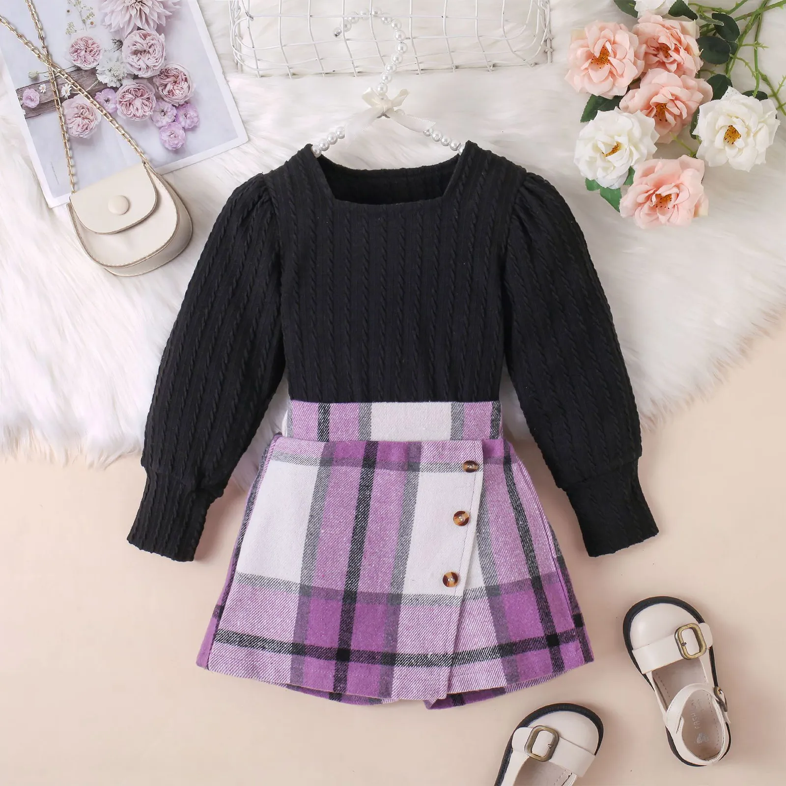 Kids Toddler Girls Spring Fall Clothes Knitted Long Sleeve Tops with Mini Plaid Skirt Skort Set Birthday Party Wedding Outfits