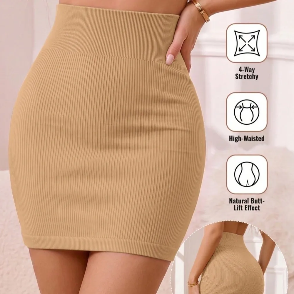 Basic High Waist Half Body Skirt Seamless Slim Fit Knitted Skirt Business Elastic Ribbed Short Dress Wearable As Outerwear