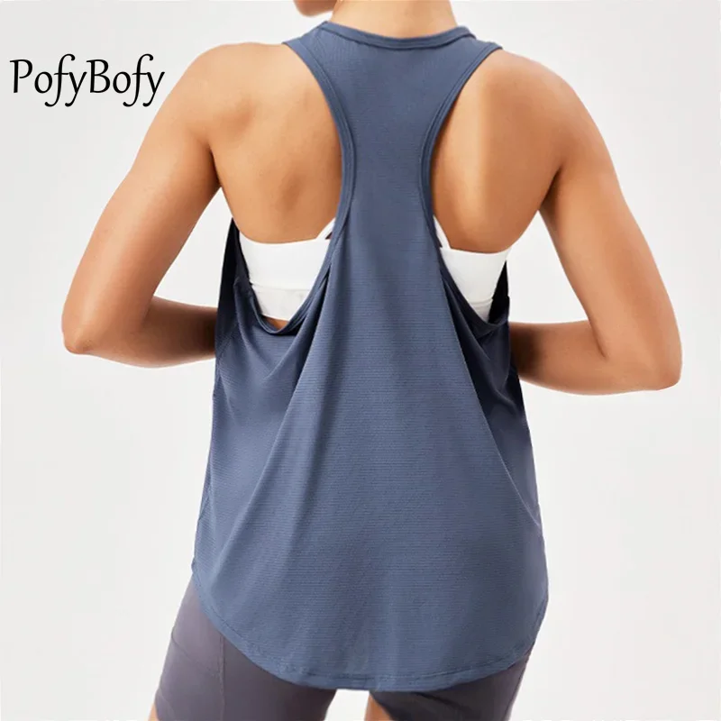 PofyBofy Racerback Crew Neck Loose Quick Drying Elastic Sleeveless Shirts Fitness Running Yoga Gym Tank Tops Sportwear for Women