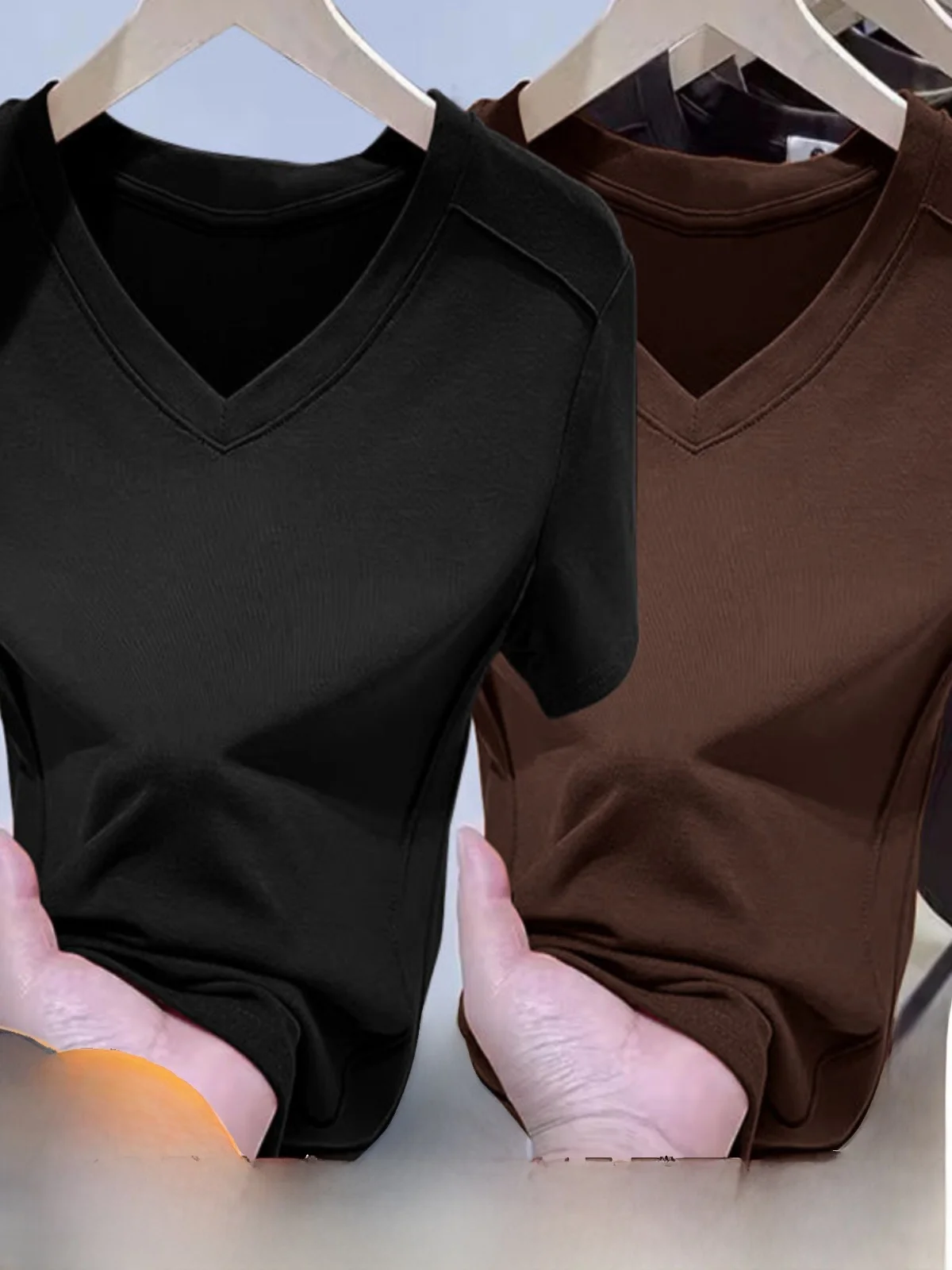Casual Slim Fit Short Sleeve T-Shirt Women's Thread Cotton Summer New Style Simple V-neck Versatile Base Layer Top