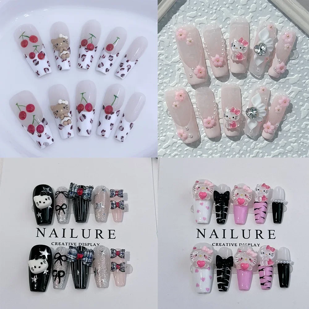 

Kawaii Cute HelloKitty Cartoon Handwork Press-on Nails Love Bow Schoolgirl Accessory Decoration Fake Nails Friend Festivals Gift