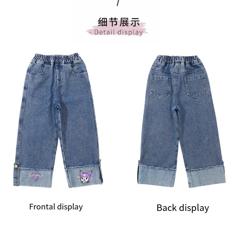 Anime Cartoon Sanrio Kuromi Girls Jeans Fashion Casual Pure Cotton Trousers Versatile Wide Leg Pants Spring Fall Children Pants