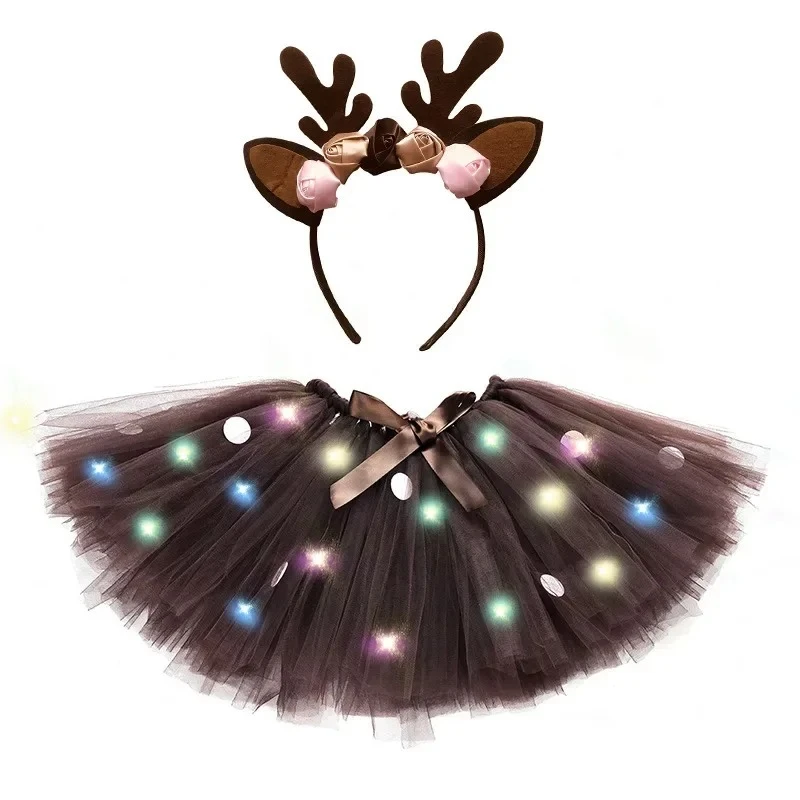 Girls Deer Tutu Skirt Fluffy Birthday Party Baby Girl Kids Dance Tulle Skirt Halloween Christmas Deer Costume Antler Headband