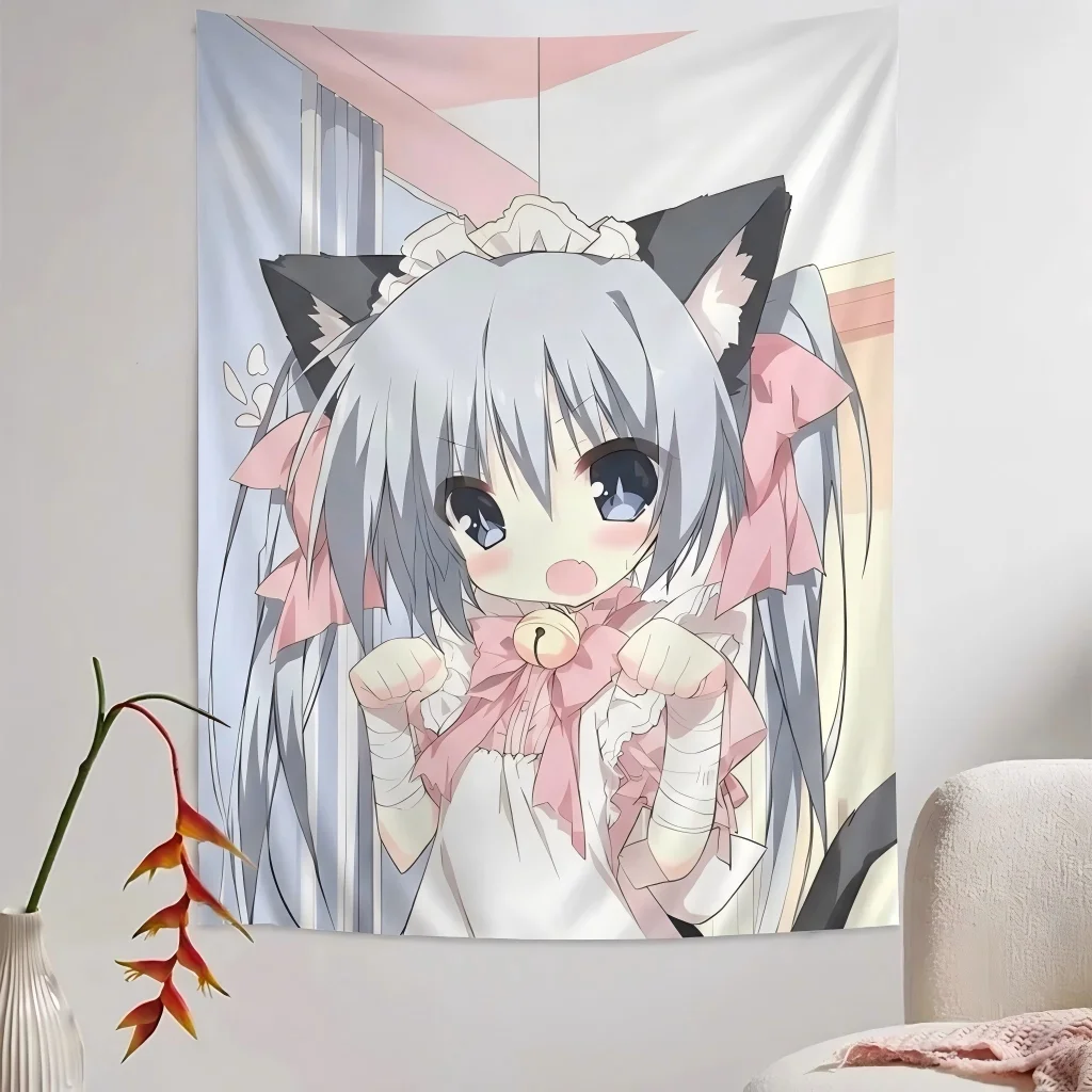 1pc Grey Twin Tail Neko Maid Girl Tapestry Pink Bow Cat Ear Print Wall Hanging Yami Kawaii Harajuku Decor Teen Bedroom Otaku Gif
