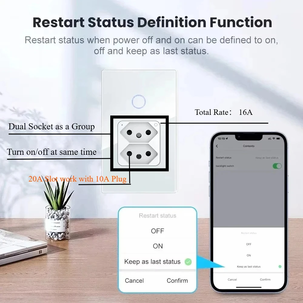 Melery Tuya Brazil Light Switch Wifi Smart Dual Wall Socket 20A Plug Outlet Touch Sensor Glass Panel Remote by Alexa Google Home