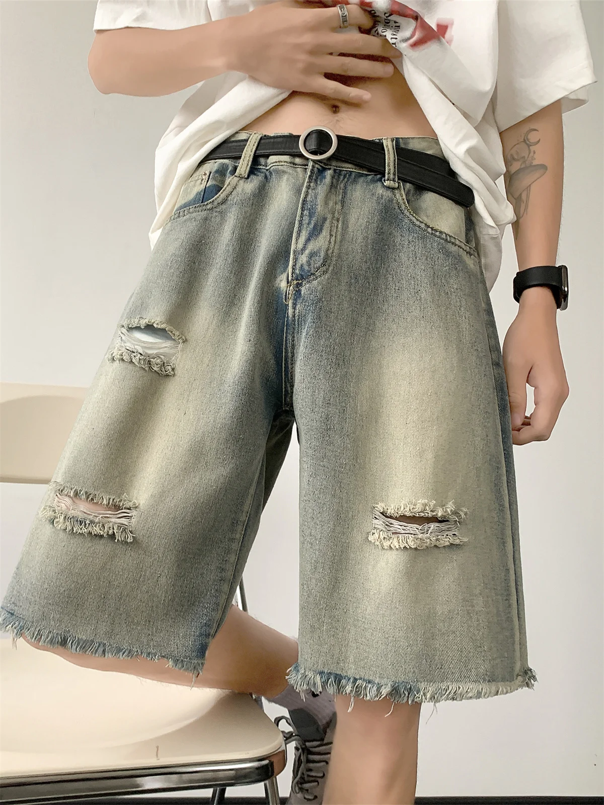 

American Style Men's Ripped Denim Shorts Five-Point Loose Fit Casual High Street Style Vintage Distressed Straight Leg Jeans