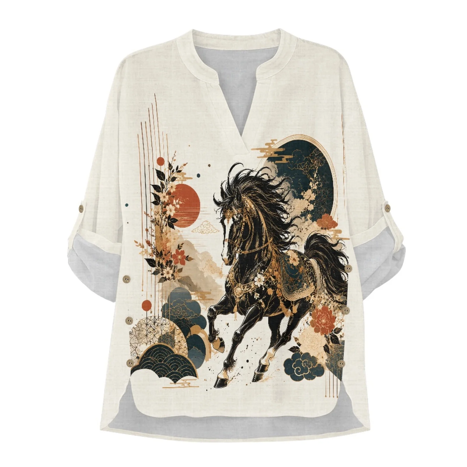 PENSTROLL Black Horse Print Soft Tunic Top for Beach Linen-Like Women's Long Sleeve Shirt Sizes S-5XL