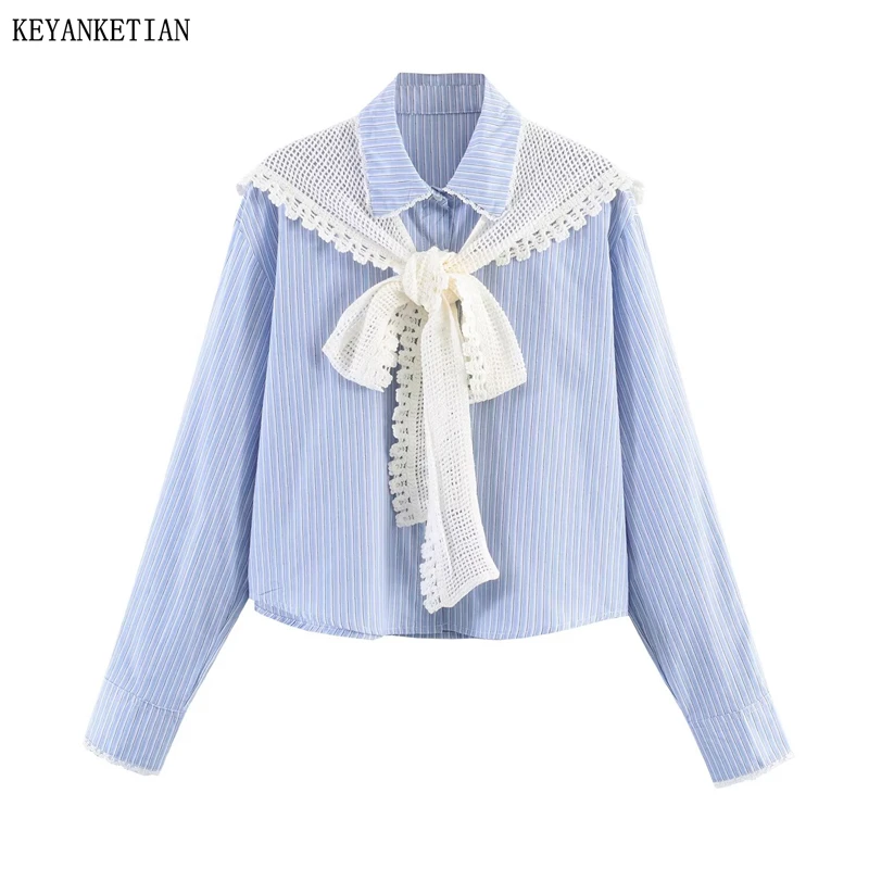 KEYANKETIAN 2026 New French Cottagecore Striped Blouse Fake Two-Piece Lace Shawl Decoration Single Breasted Long Sleeve Shirt