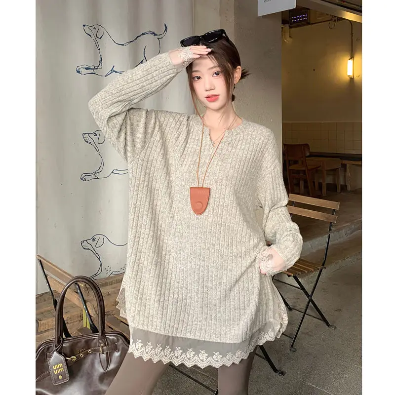 

Женский вязаный свитер с v-образным вырезом, кружевная утолщенная мягкая пушистая зимняя теплая футболка с длинными рукавами, обычный узор TT260