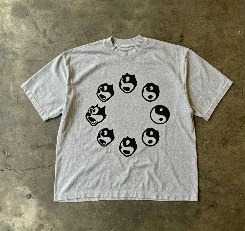 2026 Summer Vintage Oversized Graphic T‑Shirt For Adults Kids Retro Yin‑Yang Symbol Circular Art Loose Short Sleeve Street Tee
