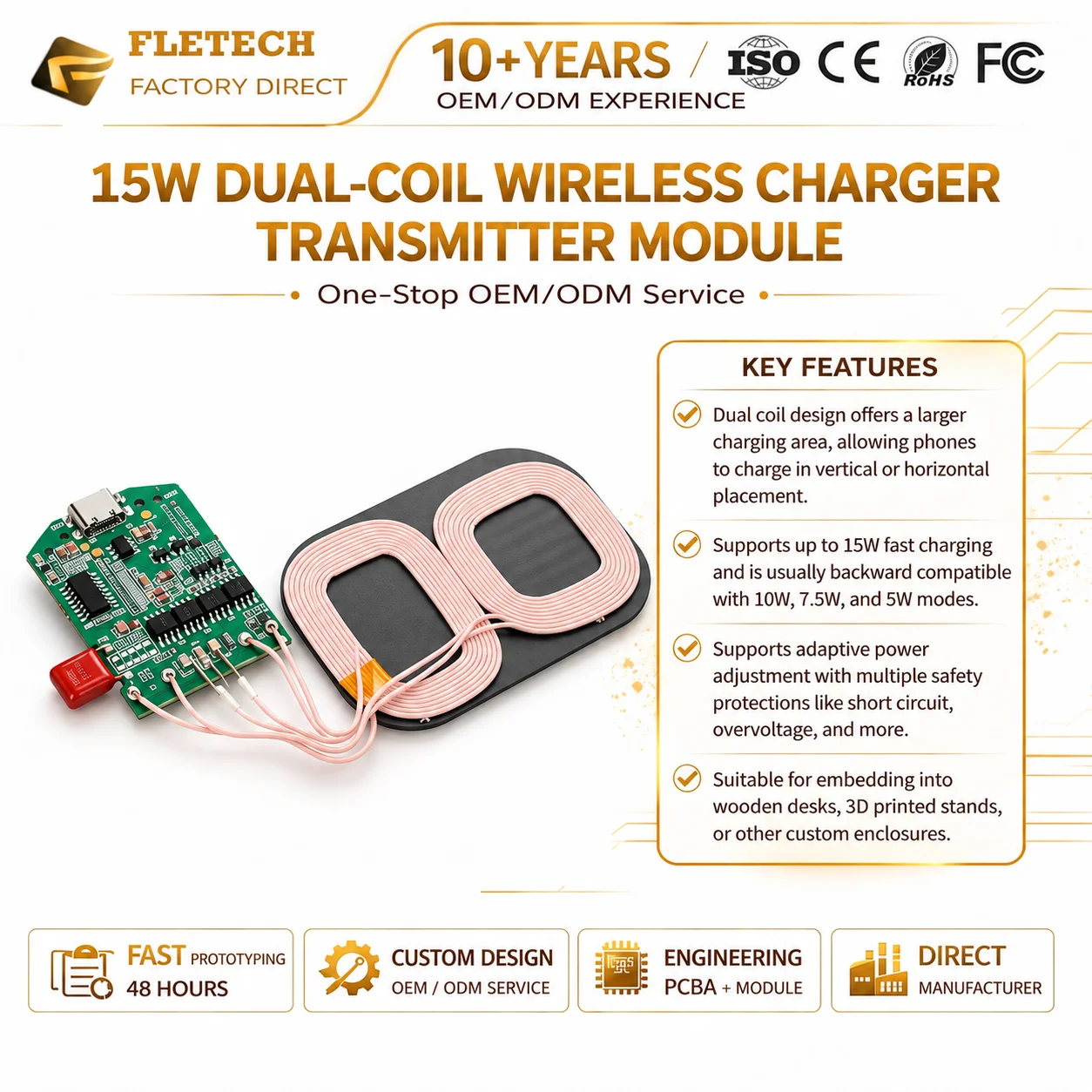 15W Dual Coils Wireless Charging Transmitter Module Type-C Fast Charging QI PCBA Circuit Board for Car Desk Furniture Modificat