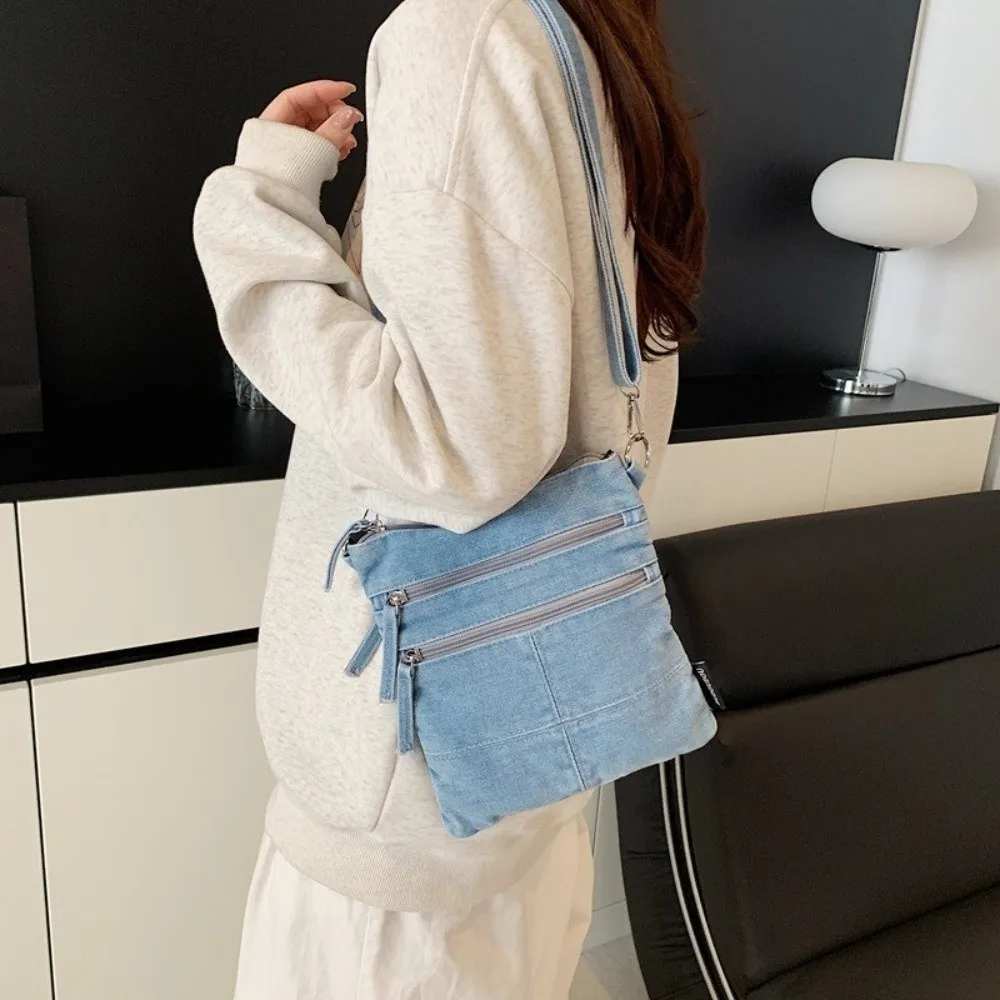 Multi-Pocket Denim Shoulder Bag 3 Layers Large Capacity Canvas Crossbody Bag Zipper Closure Y2K Style Messenger Bag Shopping