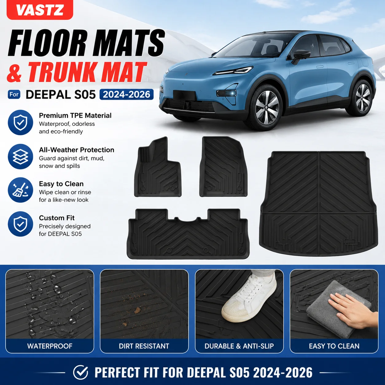 TPE Floor Mats Trunk Liner Cargo Mat All Weather Non Slip Waterproof for CHANGAN DEEPAL S05 2024 2025 2026 Car Accessories