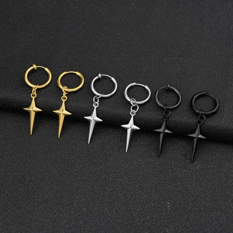 Stainless Steel Star Hoop Earrings for Men Boys,Anti Allergy Cross Huggies Earring,Simple Trendy Jewelry