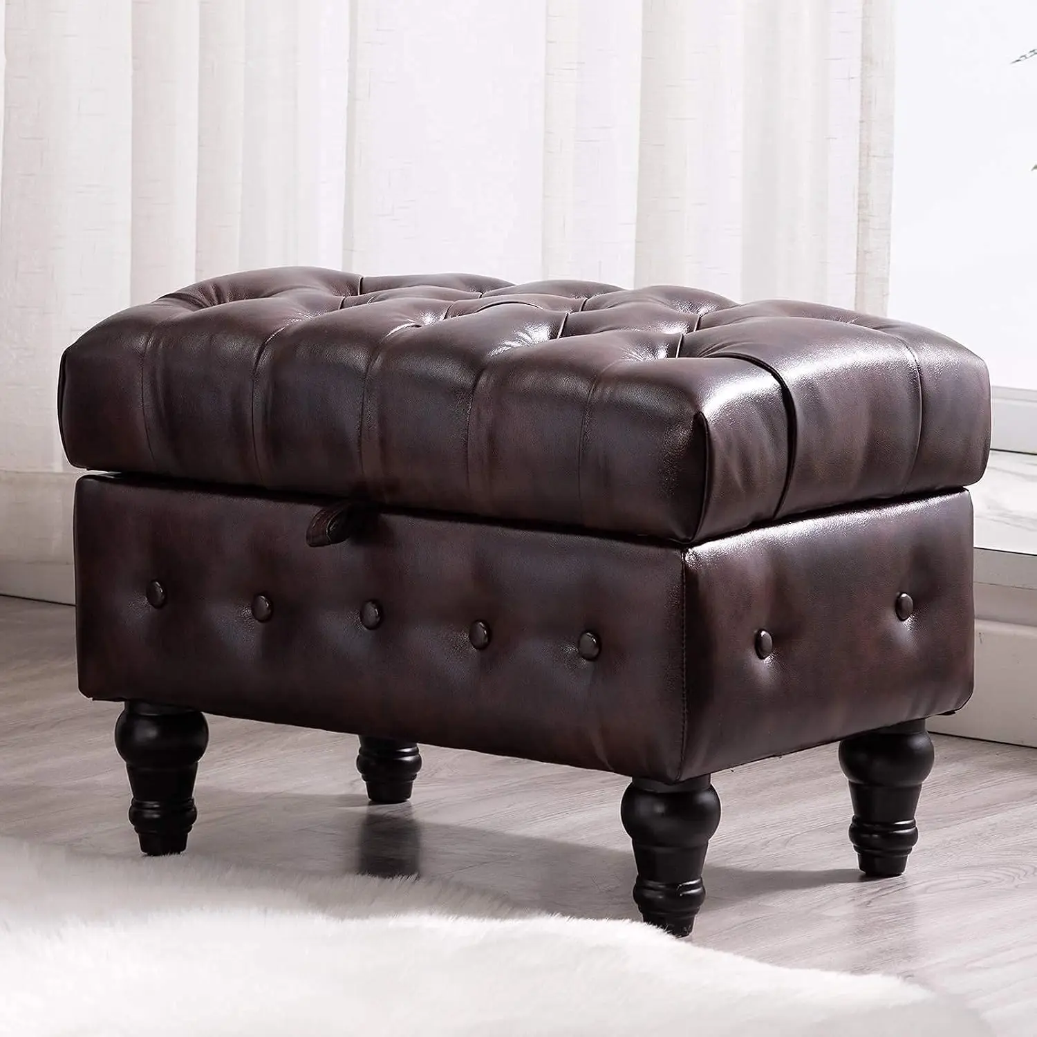 PU Leather Storage Ottoman Coffee Table, Button Tufted Footstool for Living Room & Office, Toy Box Stool, Brown, Customized