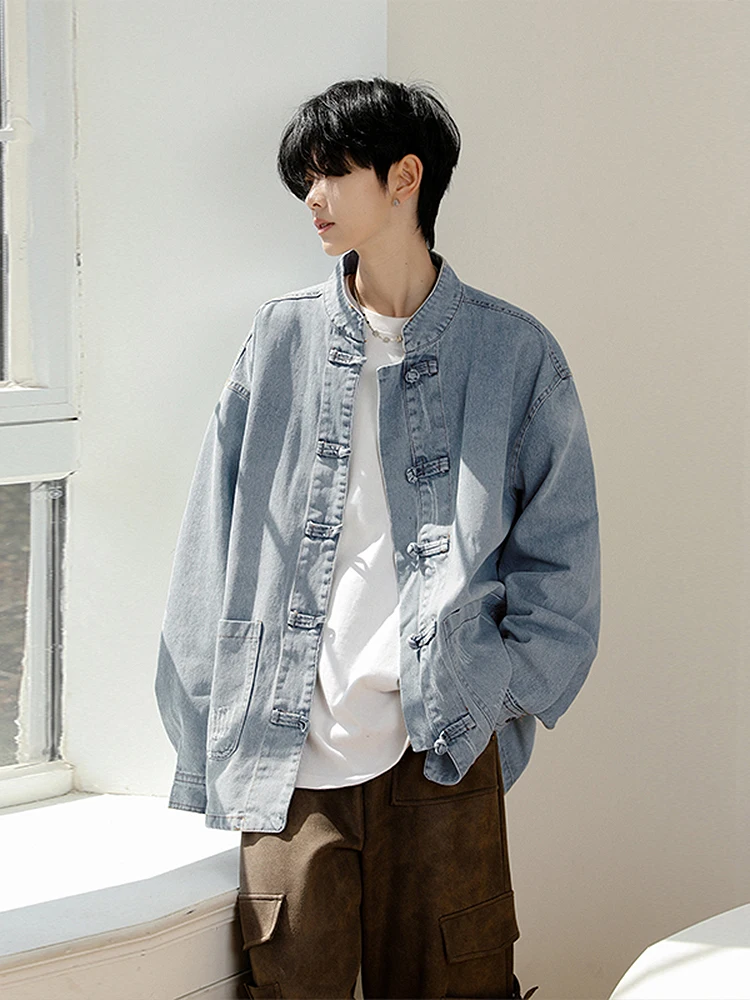 

New Chinese Sle Men's Light Blue Denim irt Long Sve Stand Collar Button up Spring Autumn Jaet Outerwear