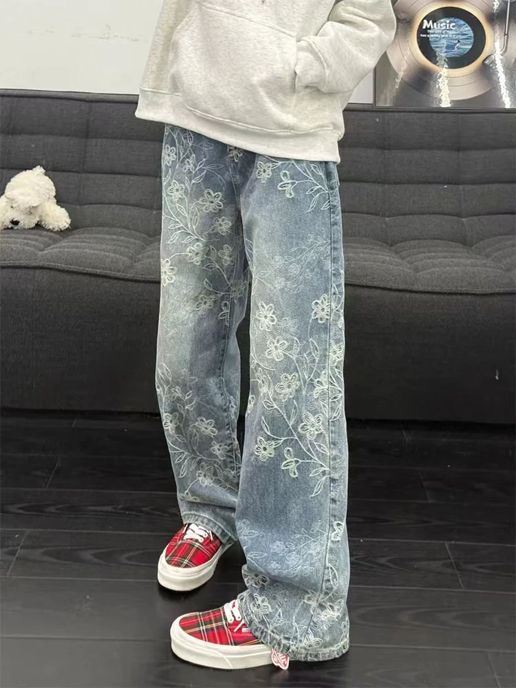 Light Blue Printed Denim Jeans Men's Straight Leg Flared Pants High Street Style Casual Wear Resistant Floral Pattern Jeans